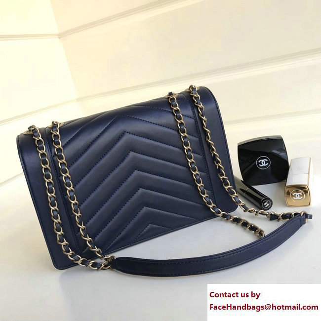 Chanel Lambskin & gold metal Chevron small/medium Flap Bag navy blue